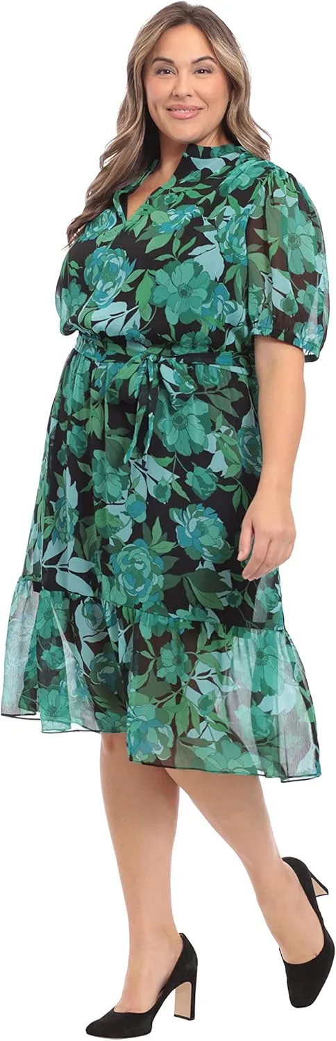 London Times Women's Keyhole Neckline Tie Waist Flounce Hem Feminine Midi Dress Guest of Wedding Office Cocktail
