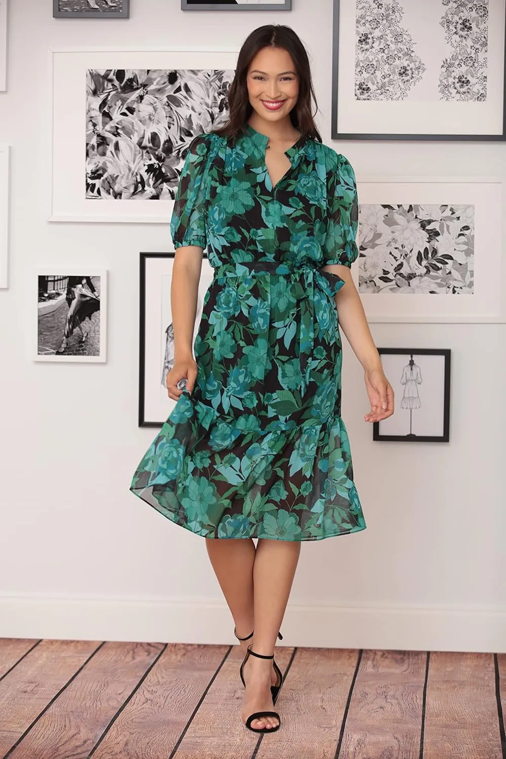 London Times Women's Keyhole Neckline Tie Waist Flounce Hem Feminine Midi Dress Guest of Wedding Office Cocktail