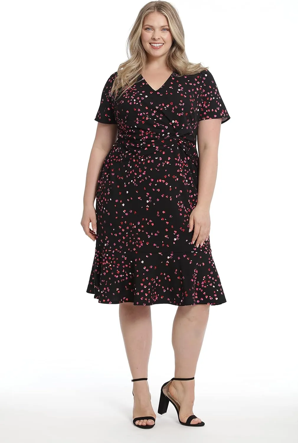 London Times Women's V-Neck Polished Flounce Hem Twist Waist Detail Feminine Office Event Guest of