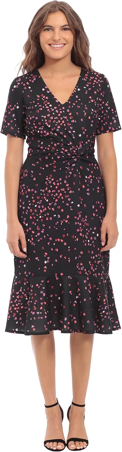 London Times Women's V-Neck Polished Flounce Hem Twist Waist Detail Feminine Office Event Guest of