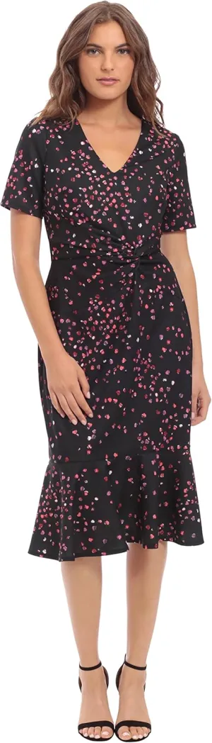 London Times Women's V-Neck Polished Flounce Hem Twist Waist Detail Feminine Office Event Guest of