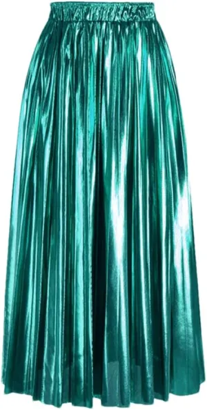 Long Elegant Women Midi Skirt High Waist Black Silver Gold Solid Color Pleated Skirts