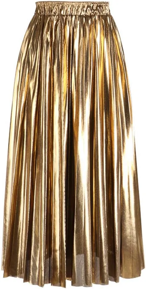 Long Elegant Women Midi Skirt High Waist Black Silver Gold Solid Color Pleated Skirts