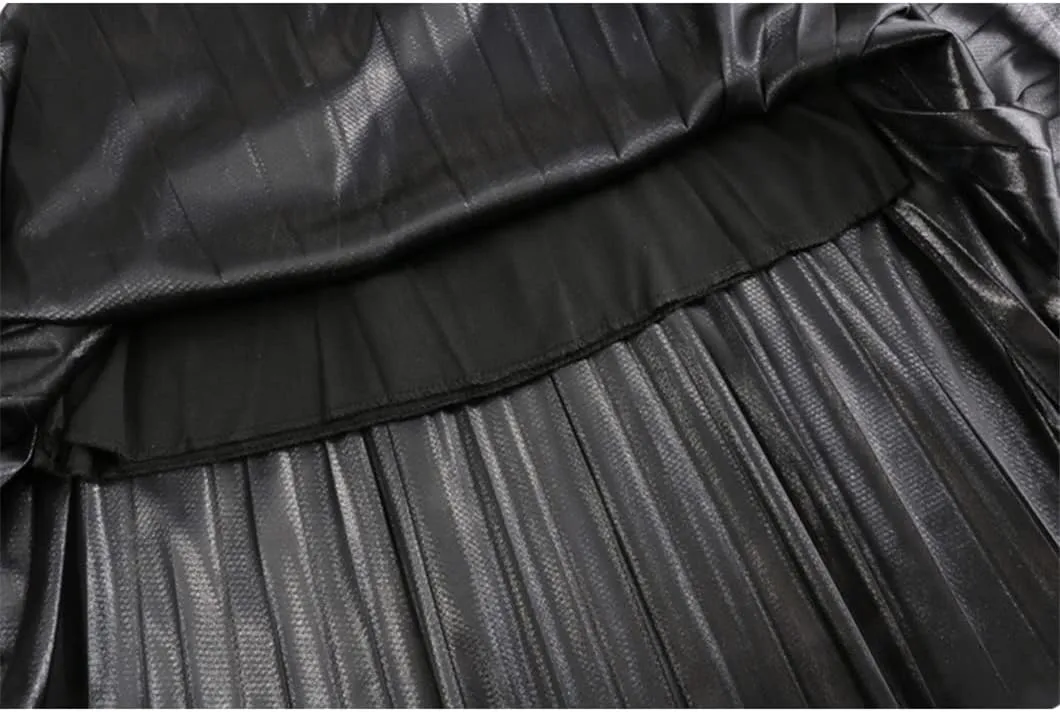 Long Elegant Women Midi Skirt High Waist Black Silver Gold Solid Color Pleated Skirts