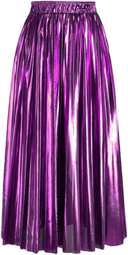 Long Elegant Women Midi Skirt High Waist Black Silver Gold Solid Color Pleated Skirts