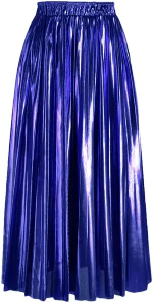 Long Elegant Women Midi Skirt High Waist Black Silver Gold Solid Color Pleated Skirts