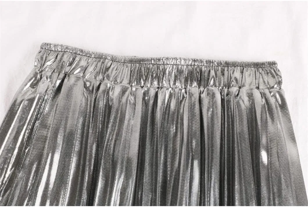 Long Elegant Women Midi Skirt High Waist Black Silver Gold Solid Color Pleated Skirts