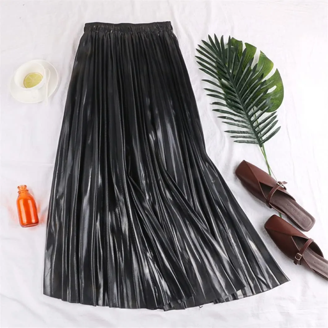 Long Elegant Women Midi Skirt High Waist Black Silver Gold Solid Color Pleated Skirts