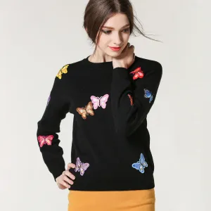 Long Sleeves Butterfly Applique Scoop Regular Sweater