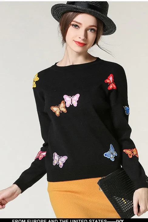 Long Sleeves Butterfly Applique Scoop Regular Sweater