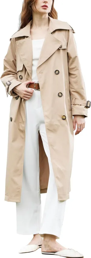 Loose Long Trench Coat for Women 2024 Windproof Double Breasted Lapel Overcoat with Belt