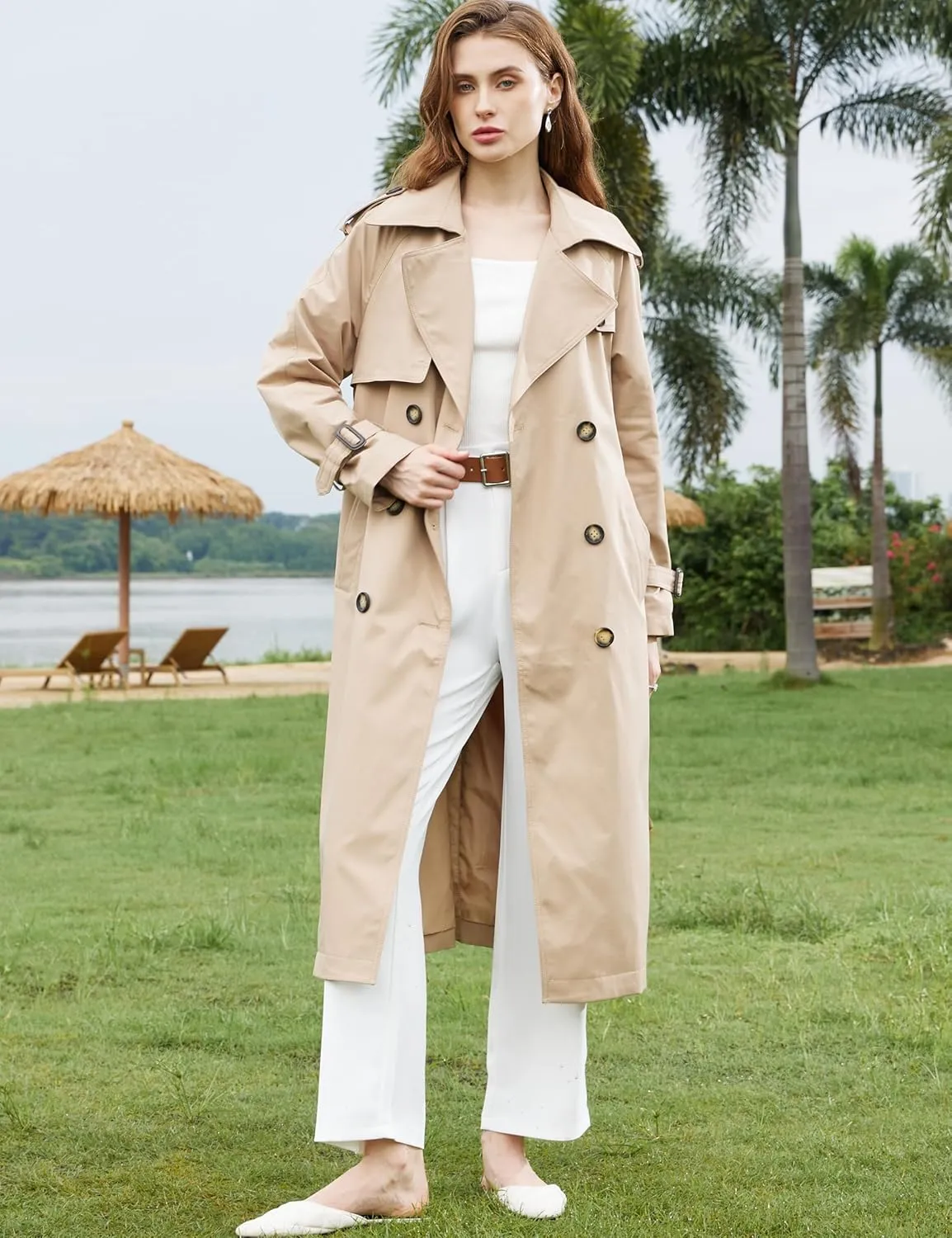 Loose Long Trench Coat for Women 2024 Windproof Double Breasted Lapel Overcoat with Belt