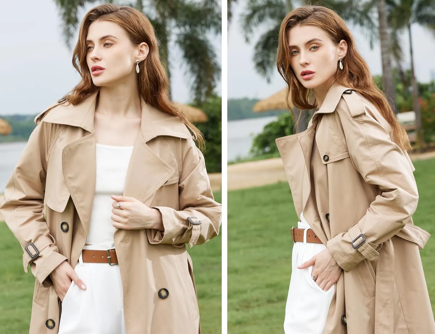 Loose Long Trench Coat for Women 2024 Windproof Double Breasted Lapel Overcoat with Belt