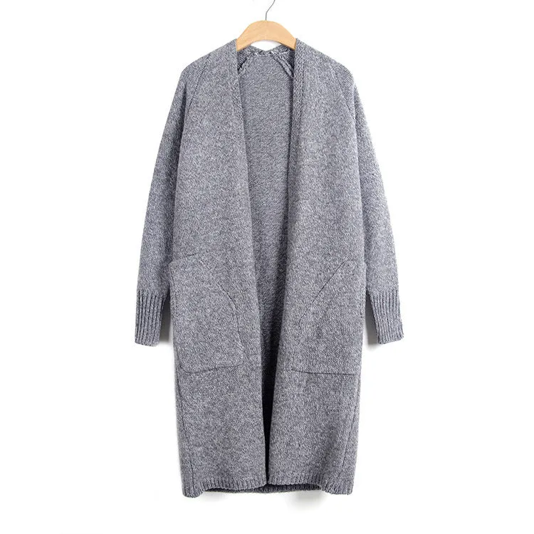 Loose Solid Color Pockets Open Long Cardigan