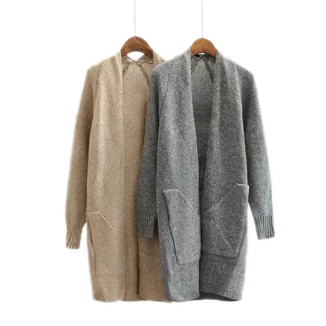 Loose Solid Color Pockets Open Long Cardigan