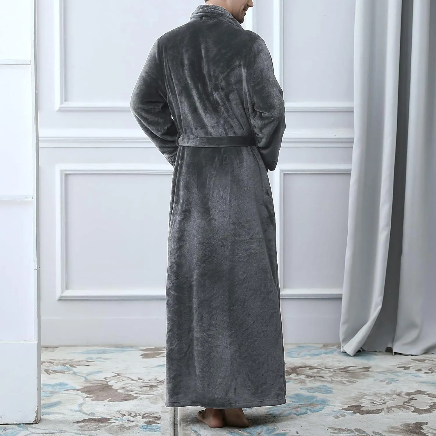 Lu's Chic Men's Long Sleeve Robe House Bathrobe Full Length Fluffy Pocket Winter Bath Hot Tub