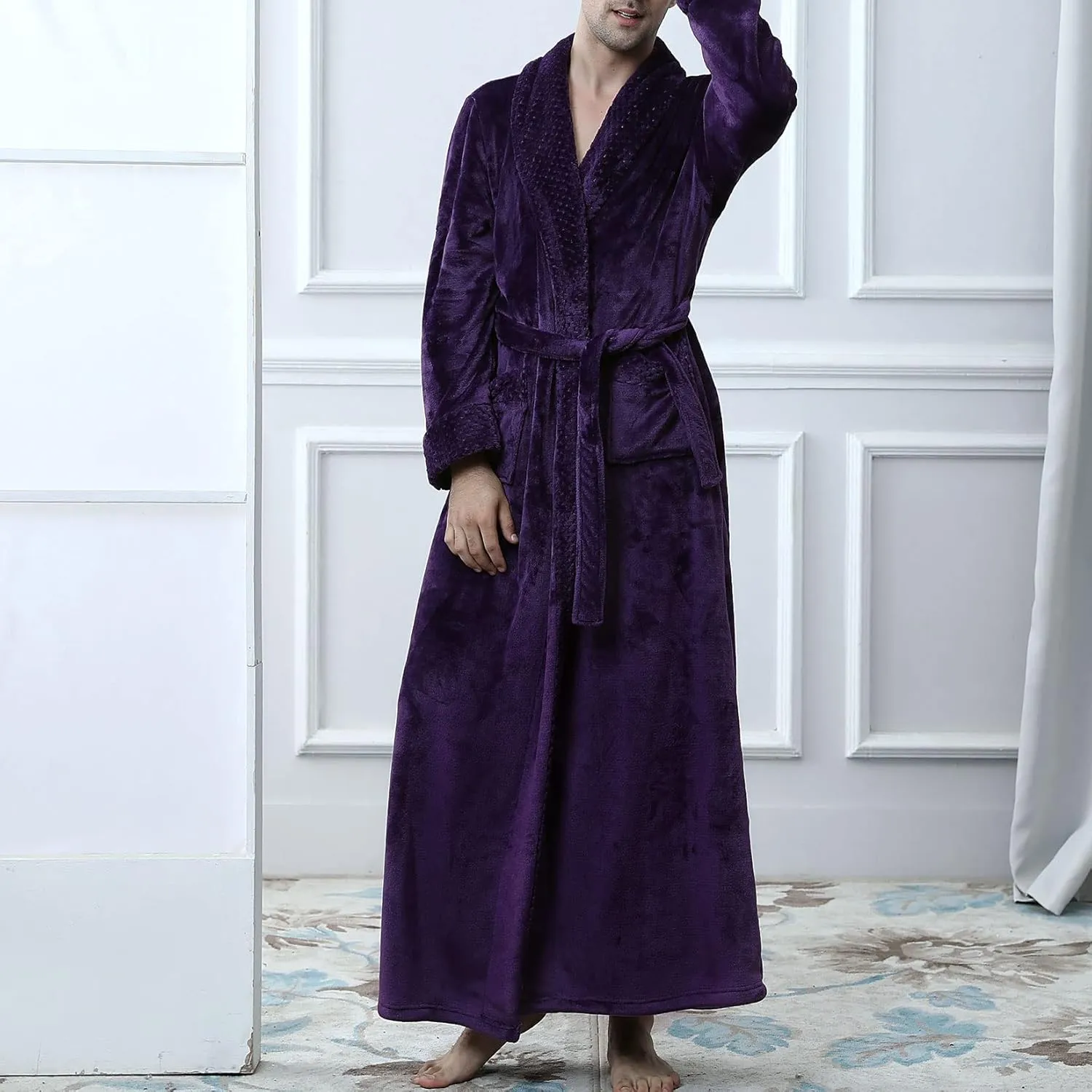 Lu's Chic Men's Long Sleeve Robe House Bathrobe Full Length Fluffy Pocket Winter Bath Hot Tub