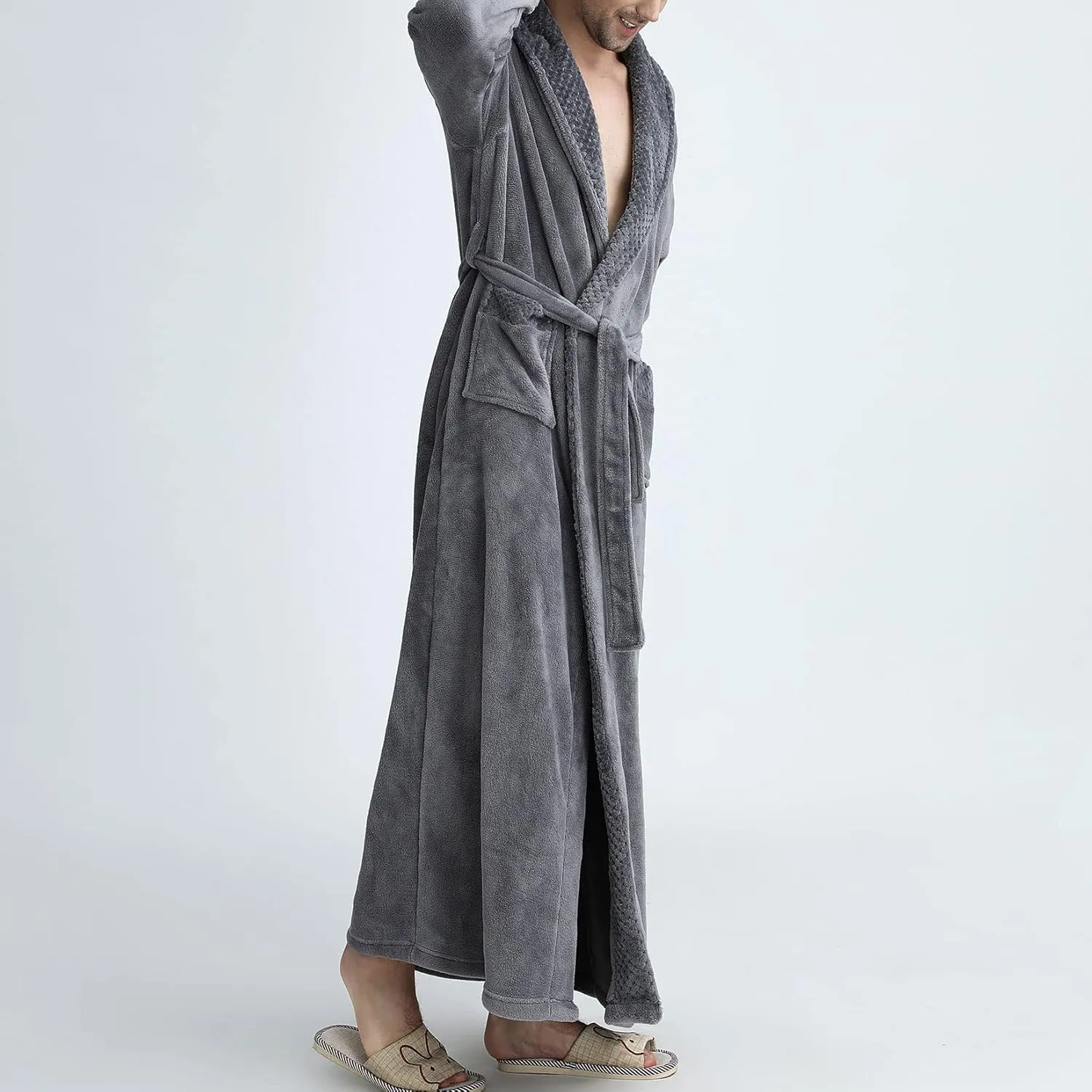 Lu's Chic Men's Long Sleeve Robe House Bathrobe Full Length Fluffy Pocket Winter Bath Hot Tub