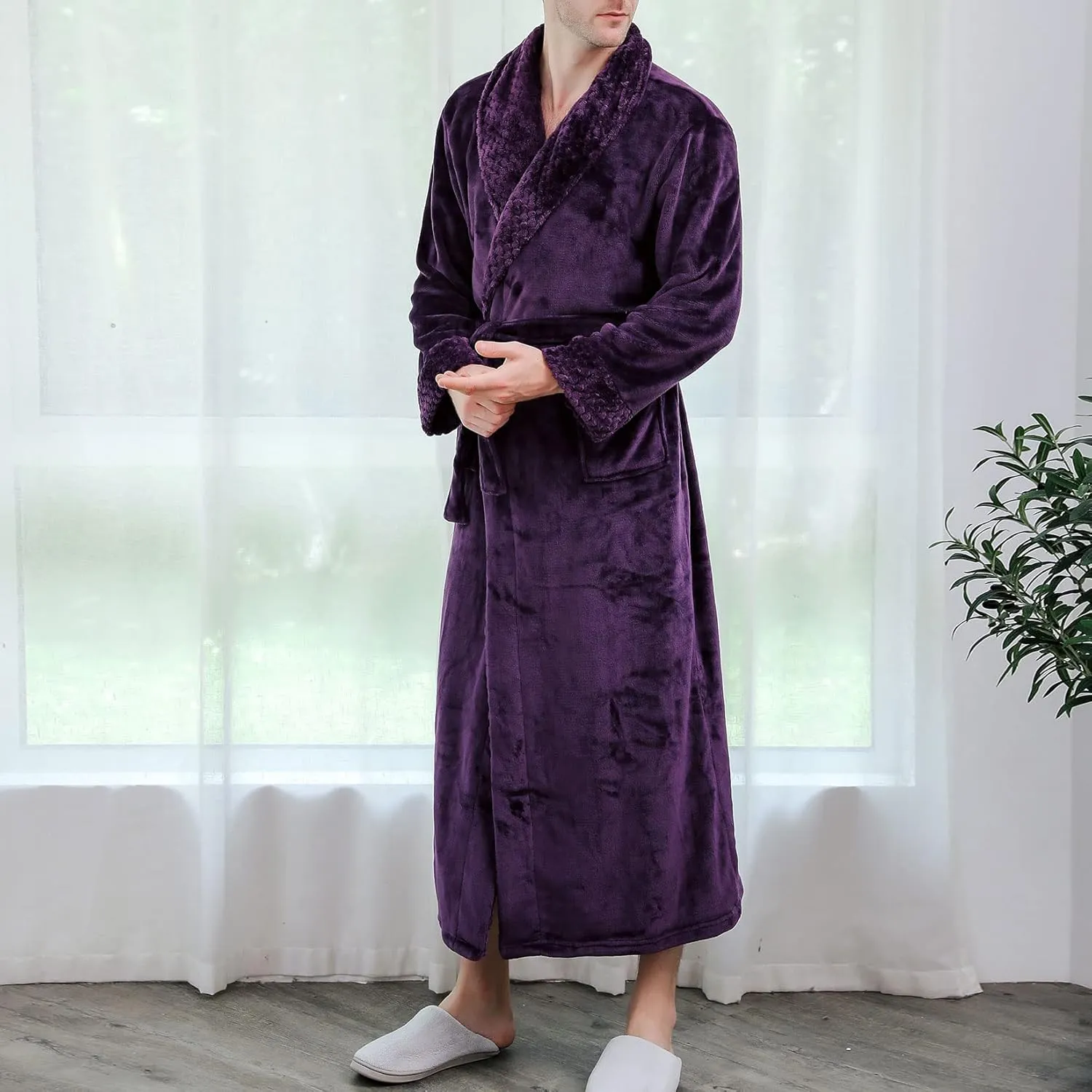 Lu's Chic Men's Long Sleeve Robe House Bathrobe Full Length Fluffy Pocket Winter Bath Hot Tub
