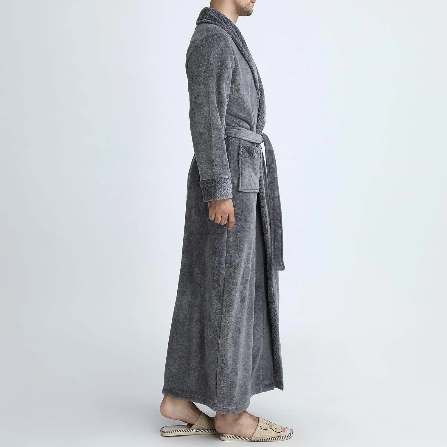 Lu's Chic Men's Long Sleeve Robe House Bathrobe Full Length Fluffy Pocket Winter Bath Hot Tub
