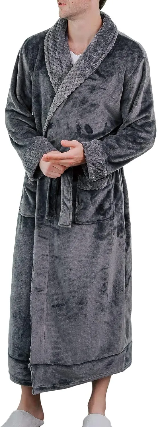 Lu's Chic Men's Long Sleeve Robe House Bathrobe Full Length Fluffy Pocket Winter Bath Hot Tub