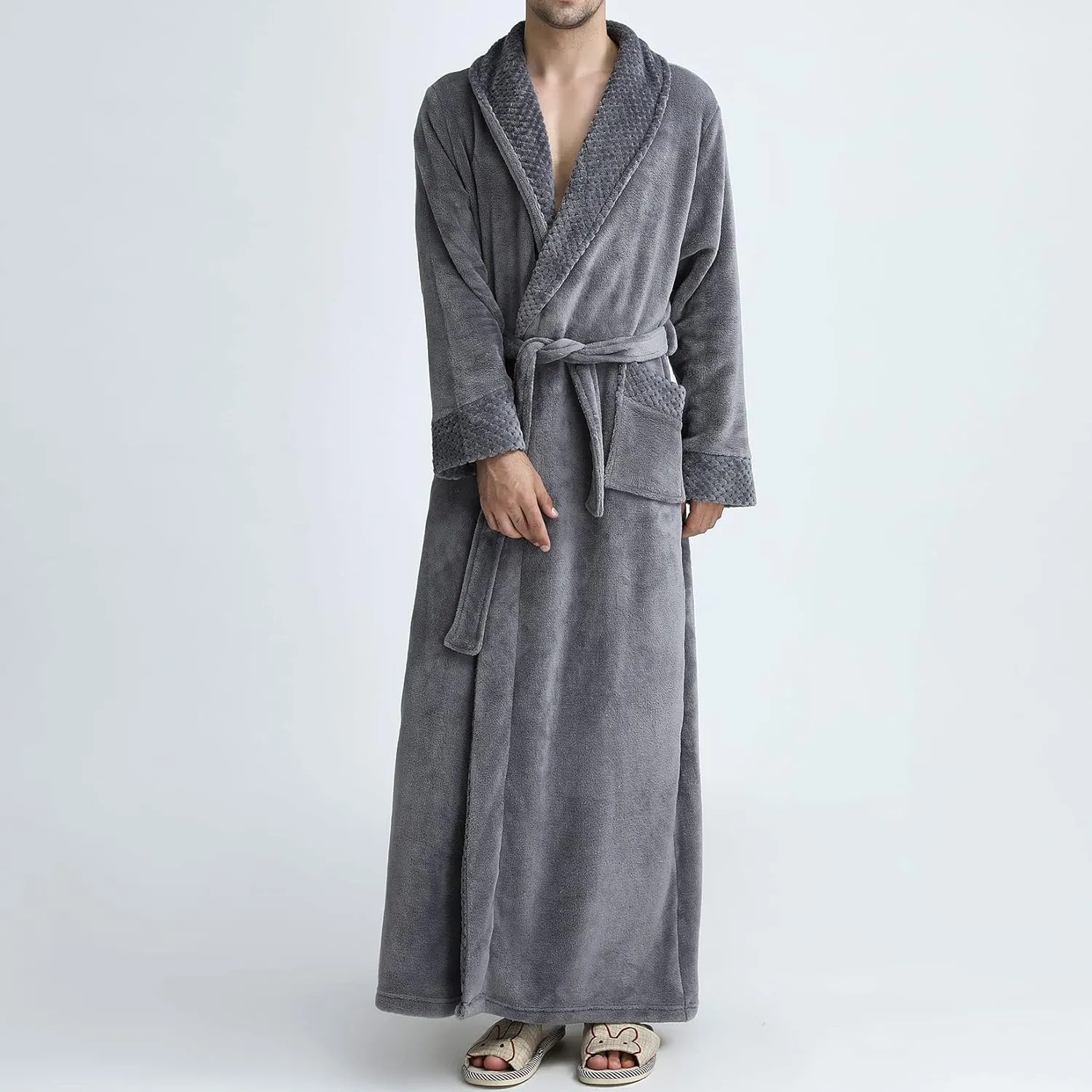 Lu's Chic Men's Long Sleeve Robe House Bathrobe Full Length Fluffy Pocket Winter Bath Hot Tub
