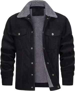Maiyifu-GJ Men Sherpa Fleece Lined Denim Jacket Corduroy Lapel Slim Fit Trucker Jacket Vintage Button-Front Windbreaker Coats