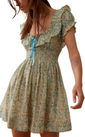 Melliflo Floral Patchwork Mini Dress for Women V Neck Lace Layered Ruffle Dresses Puff Sleeve Tie Back Short Dress