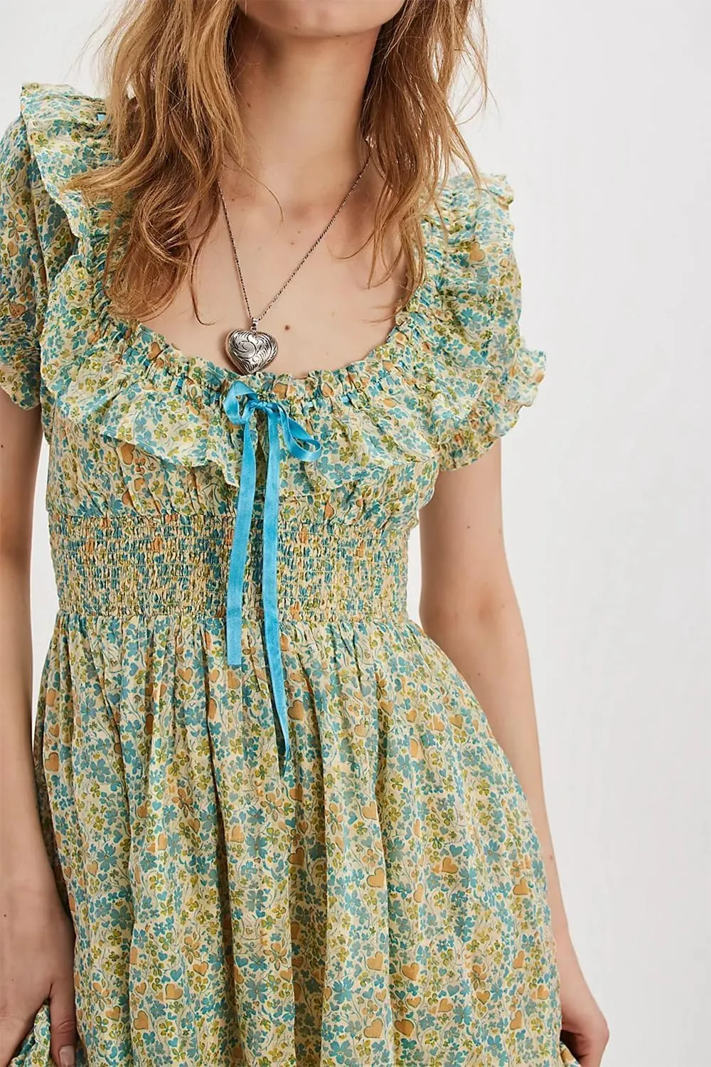 Melliflo Floral Patchwork Mini Dress for Women V Neck Lace Layered Ruffle Dresses Puff Sleeve Tie Back Short Dress