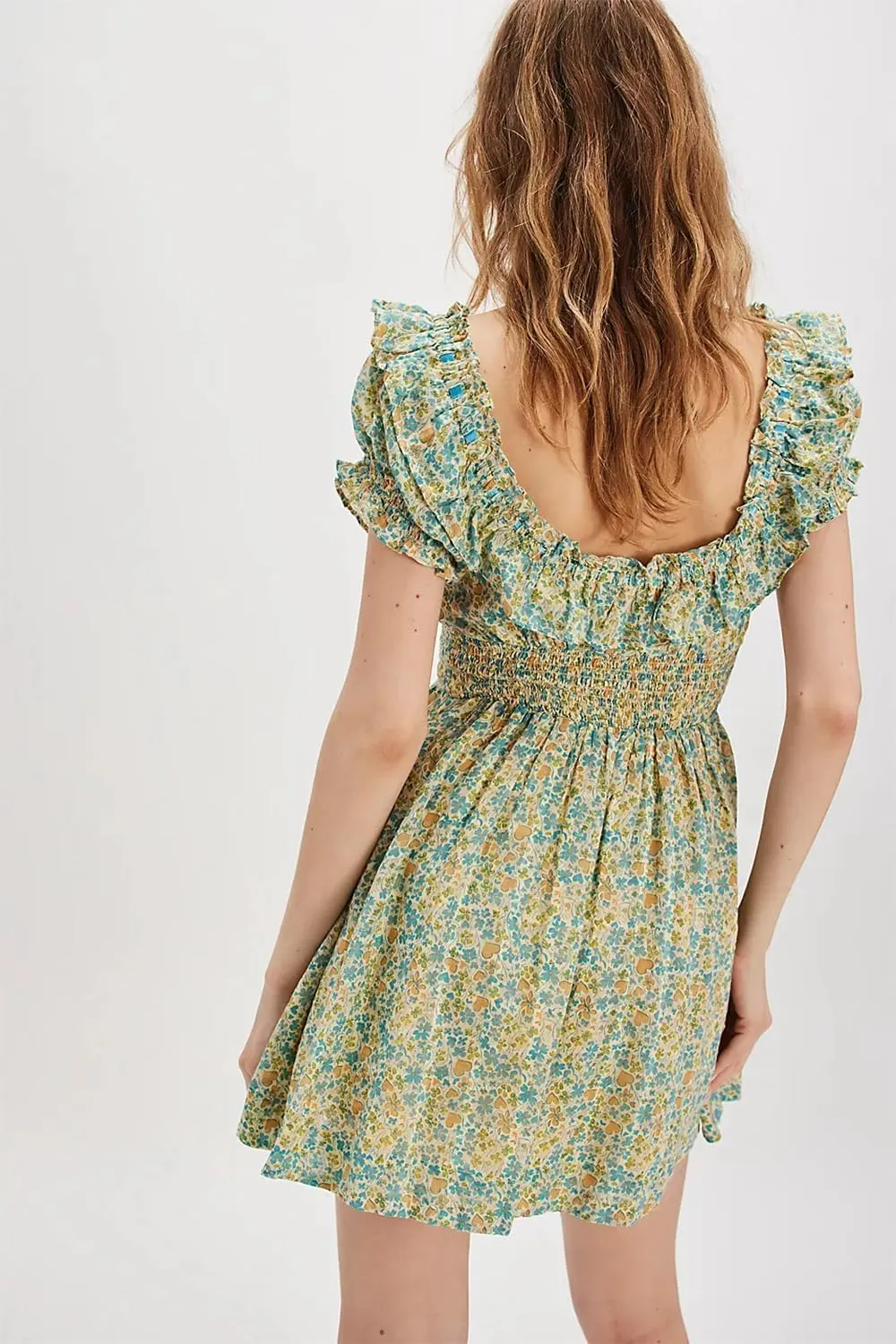Melliflo Floral Patchwork Mini Dress for Women V Neck Lace Layered Ruffle Dresses Puff Sleeve Tie Back Short Dress
