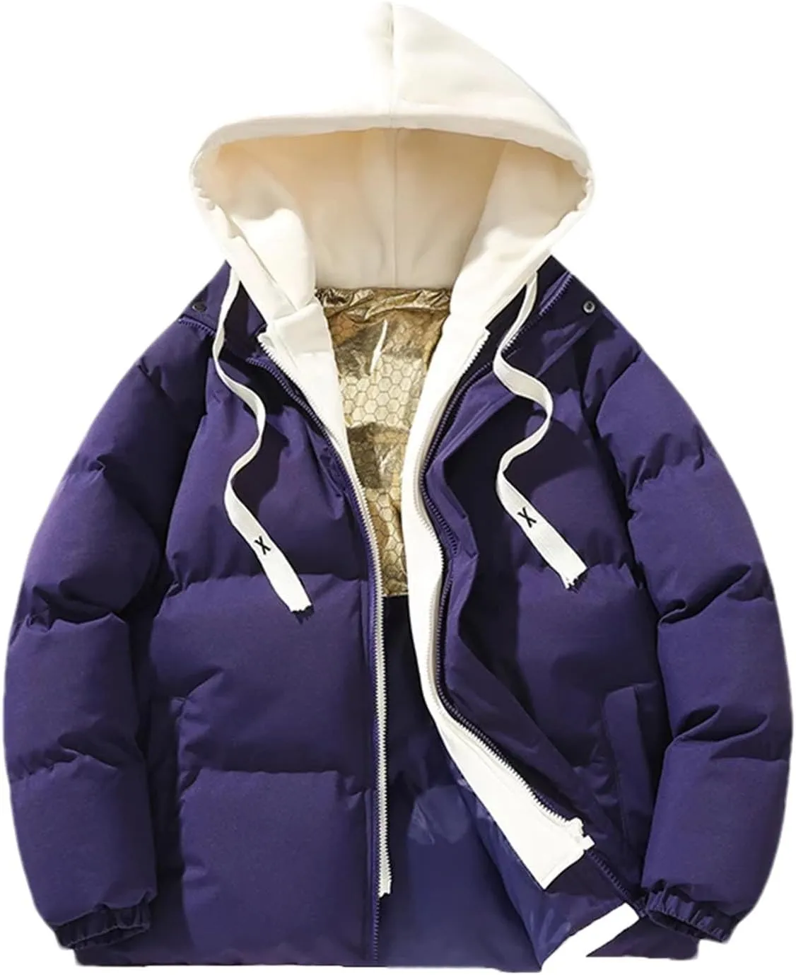Men Fake Two Drawstring Hooded Cotton-Padded Vintage Thickened Long Sleeve Parka Coat