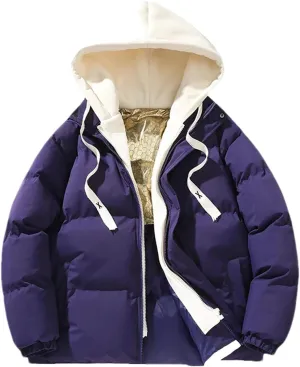 Men Fake Two Drawstring Hooded Cotton-Padded Vintage Thickened Long Sleeve Parka Coat