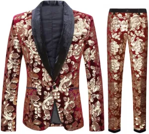 Men Fashionable Floral Pattern Sequins Two Pieces Set Suits