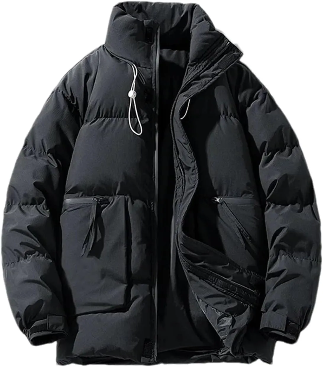 Men Stand Collar Drawstring Zipper Cotton-Padded Vintage Zipper Pockets Solid Parka Coat
