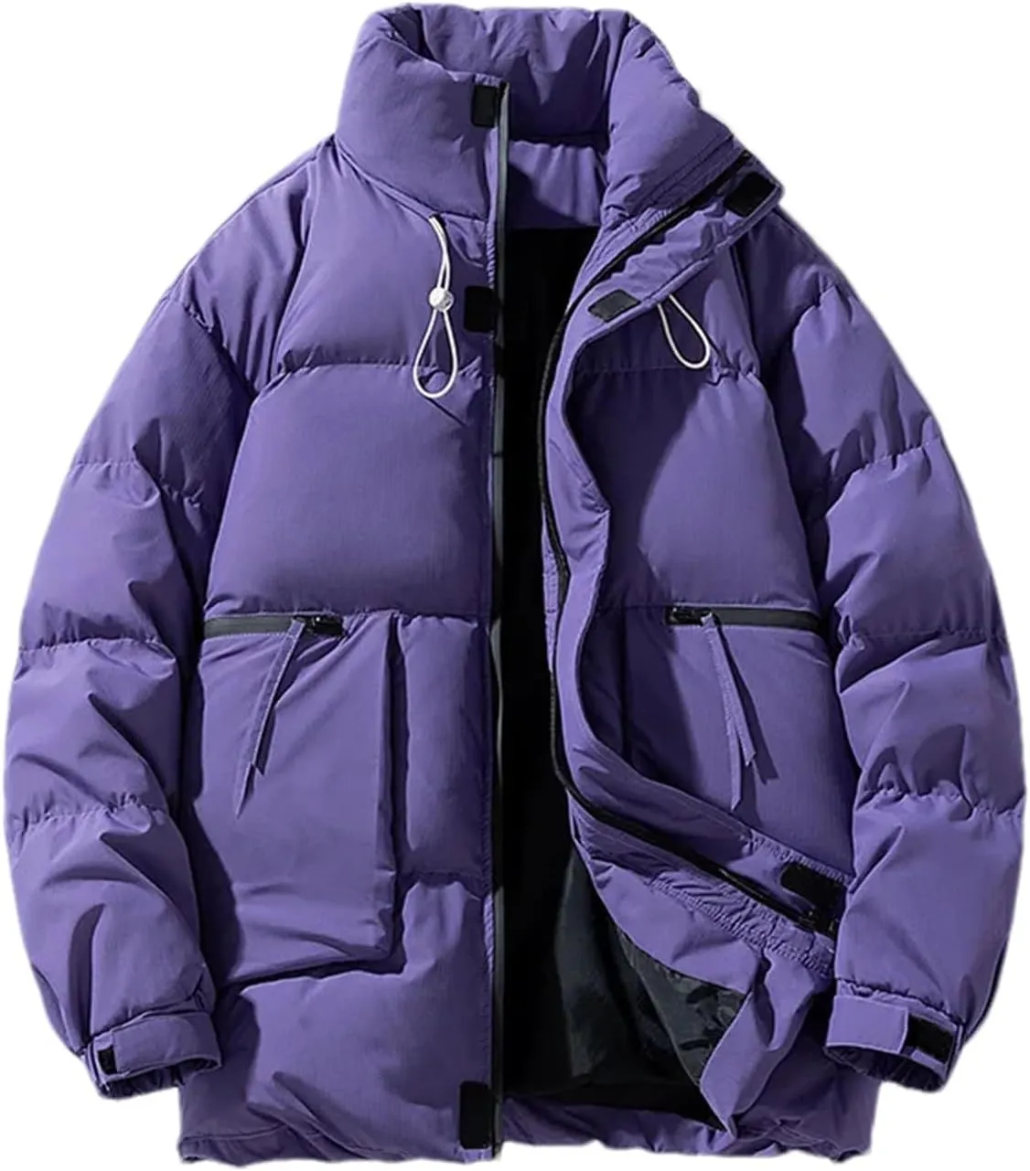 Men Stand Collar Drawstring Zipper Cotton-Padded Vintage Zipper Pockets Solid Parka Coat