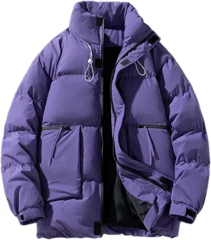 Men Stand Collar Drawstring Zipper Cotton-Padded Vintage Zipper Pockets Solid Parka Coat