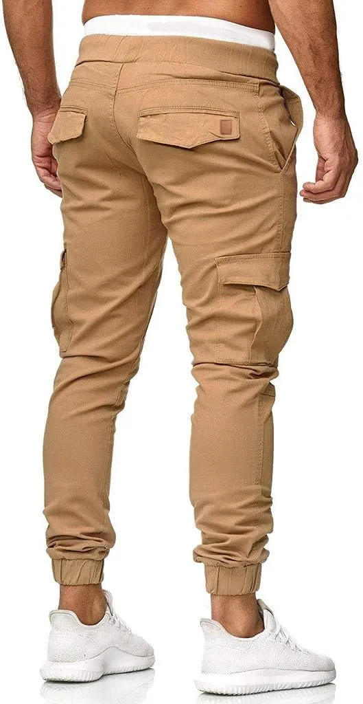 Mens Cargo Sweatpants Joggers Slim Fit Elastic Waist Athletic Pants with Pockets Workout Drawstring Trousers