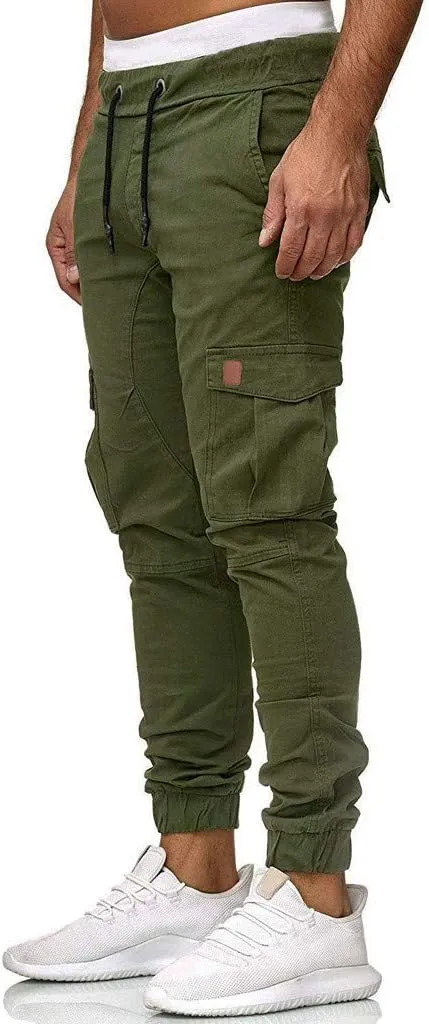 Mens Cargo Sweatpants Joggers Slim Fit Elastic Waist Athletic Pants with Pockets Workout Drawstring Trousers