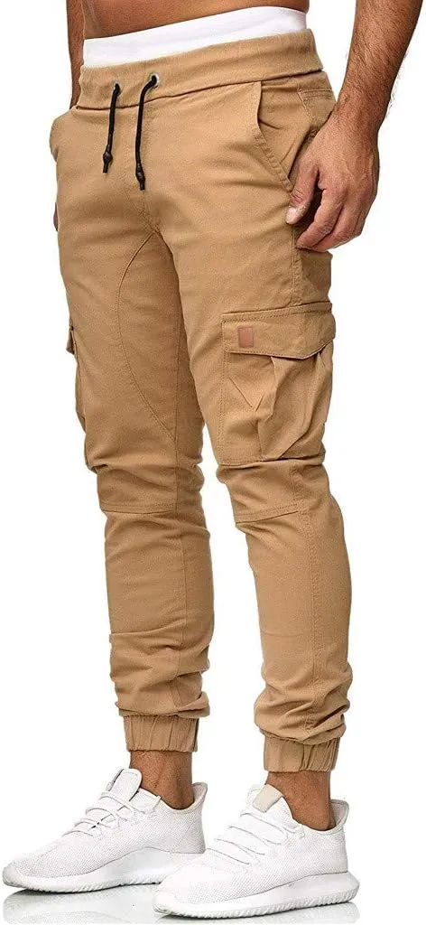 Mens Cargo Sweatpants Joggers Slim Fit Elastic Waist Athletic Pants with Pockets Workout Drawstring Trousers