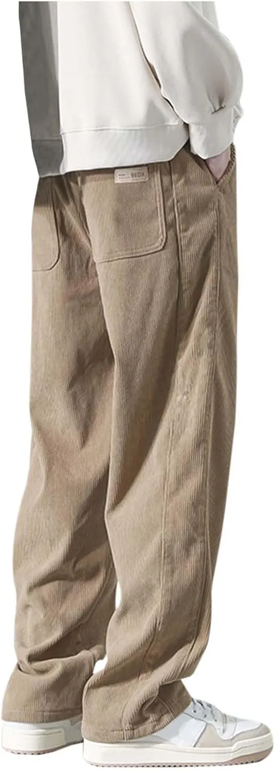Mens Corduroy Pants Big and Tall Relaxed Fit Straight Wide Leg Pants Plus Size Comfy Spring Joggers Casual Hiking Pants