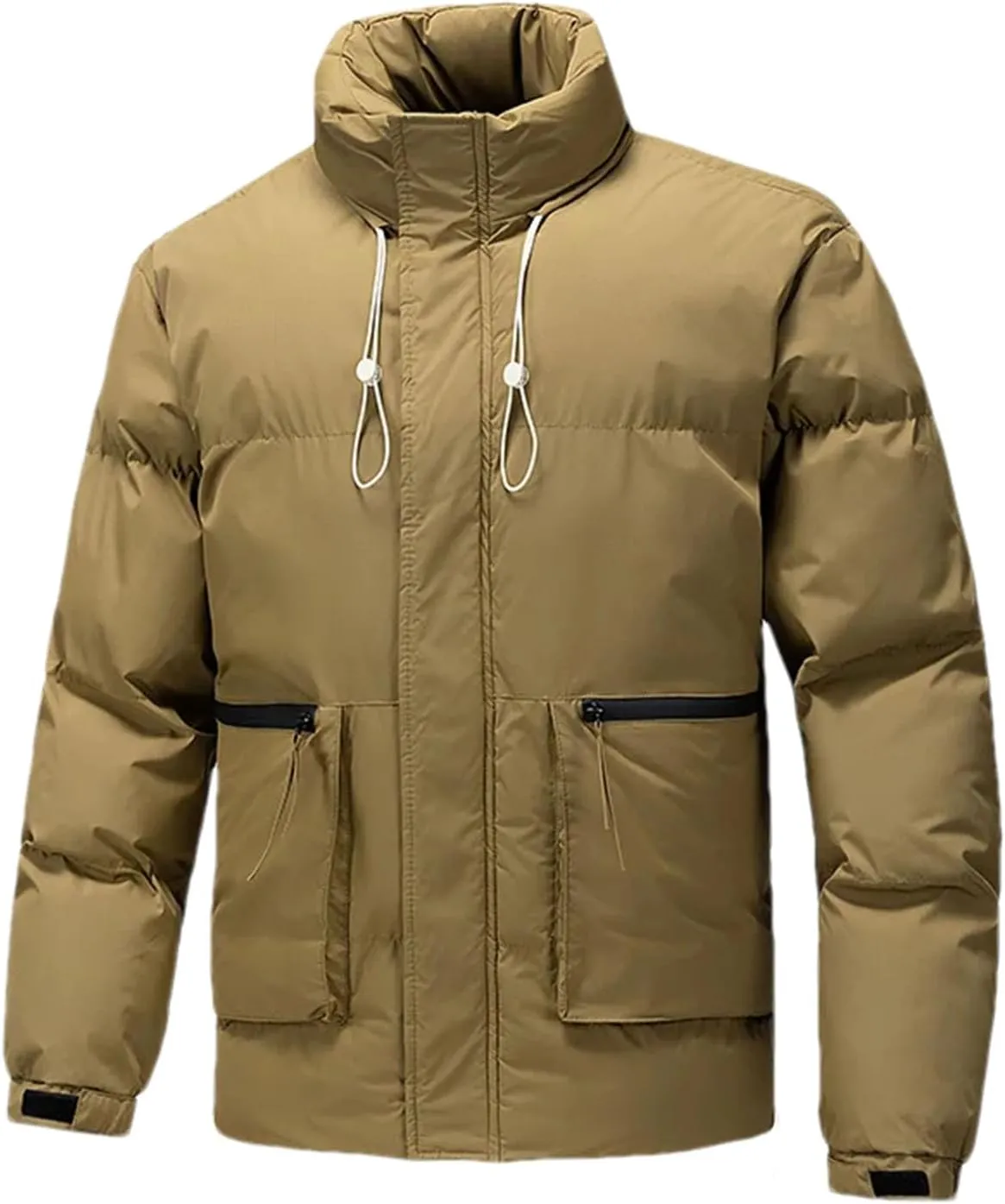 Men's Drawstring Stand-Up Solid Cotton-Padded Vintage Zipper Pockets Parka Coat