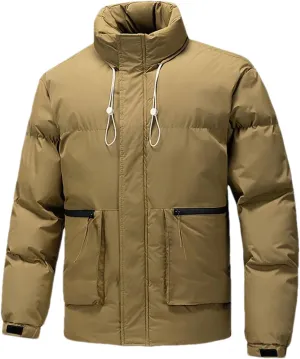 Men's Drawstring Stand-Up Solid Cotton-Padded Vintage Zipper Pockets Parka Coat