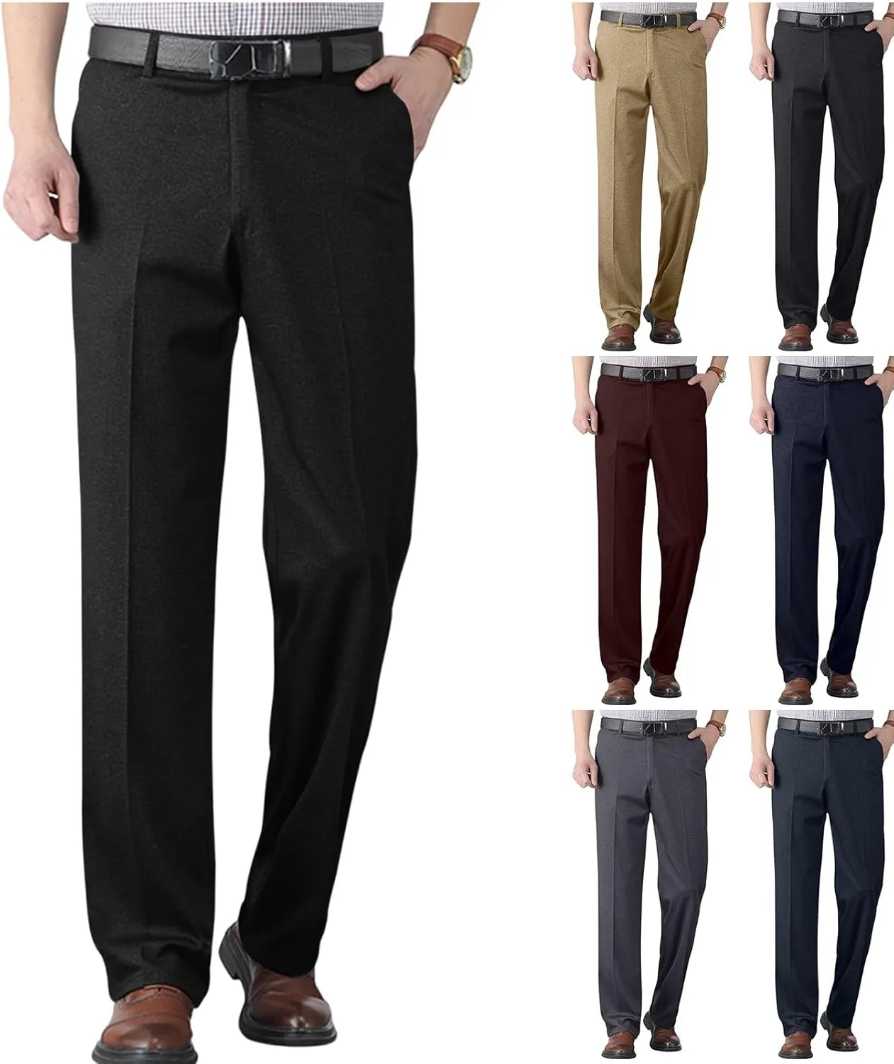 Mens Dress Pants Pleated Relaxed Fit Stretch Dress Pants Elastic Waist Casual Chino Pants (Available Big & Tall)