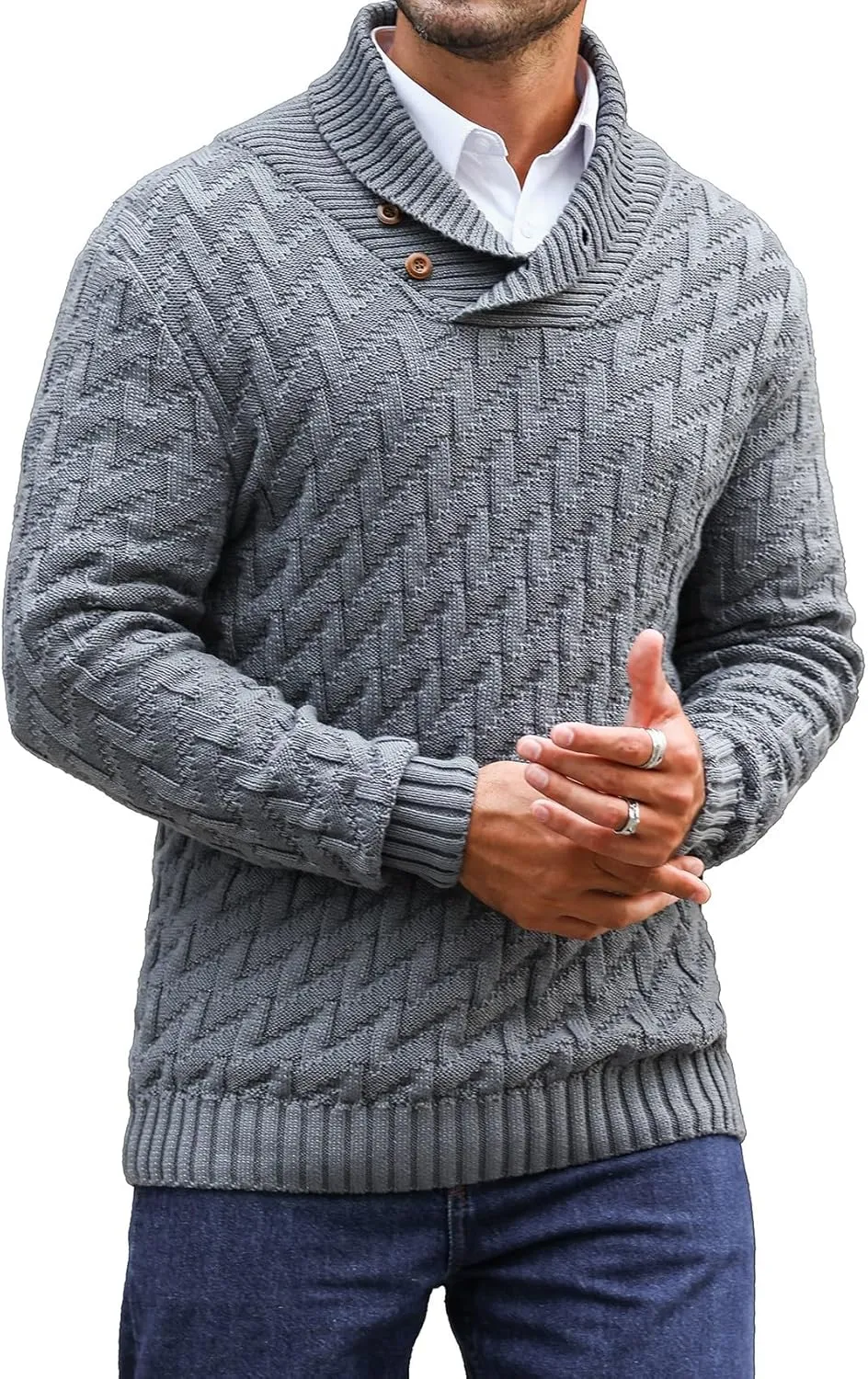 Men's Shawl Collar Pullover Sweater Casual Cable Knit Button Sweaters Tops for Winter (S-5XL)
