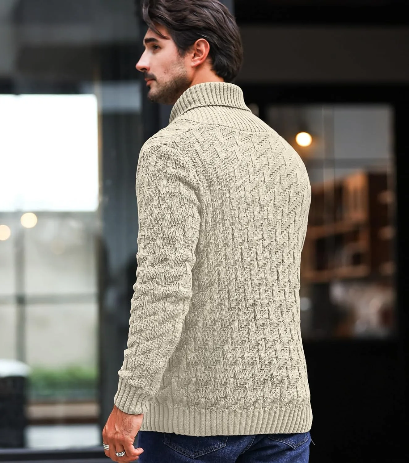 Men's Shawl Collar Pullover Sweater Casual Cable Knit Button Sweaters Tops for Winter (S-5XL)
