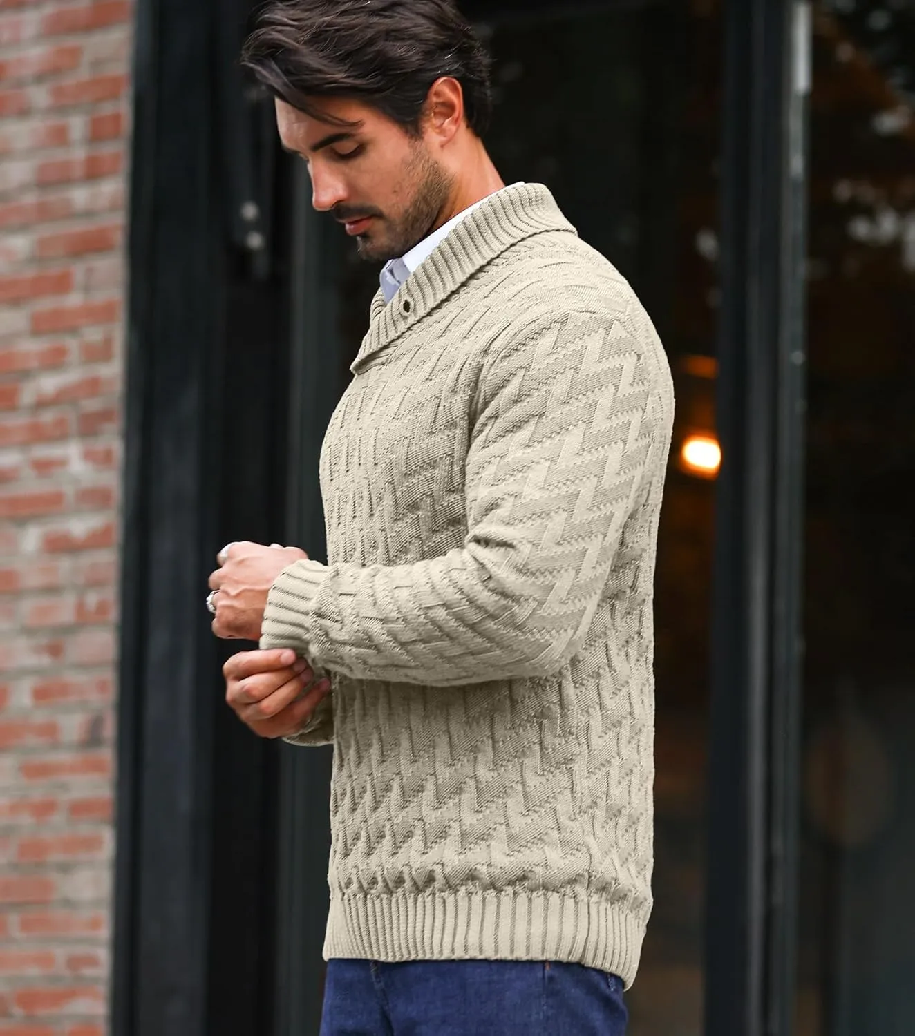 Men's Shawl Collar Pullover Sweater Casual Cable Knit Button Sweaters Tops for Winter (S-5XL)