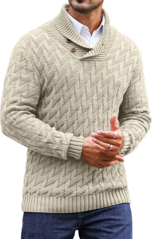 Men's Shawl Collar Pullover Sweater Casual Cable Knit Button Sweaters Tops for Winter (S-5XL)
