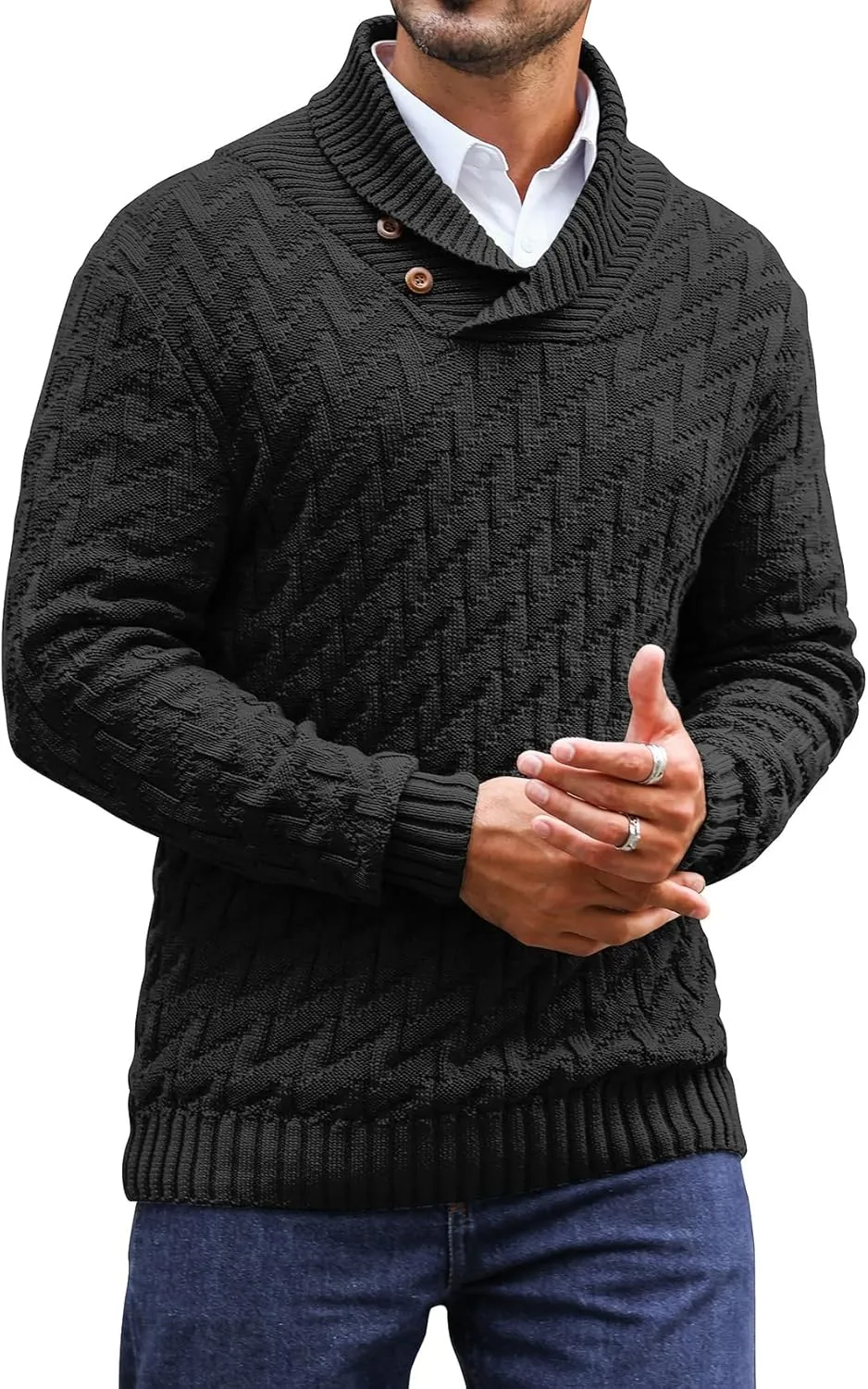 Men's Shawl Collar Pullover Sweater Casual Cable Knit Button Sweaters Tops for Winter (S-5XL)