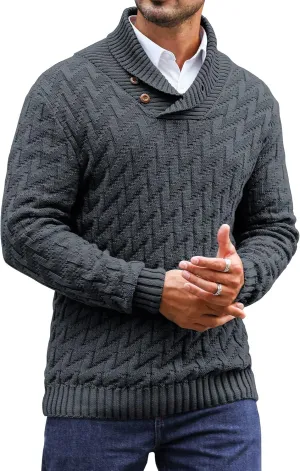 Men's Shawl Collar Pullover Sweater Casual Cable Knit Button Sweaters Tops for Winter (S-5XL)