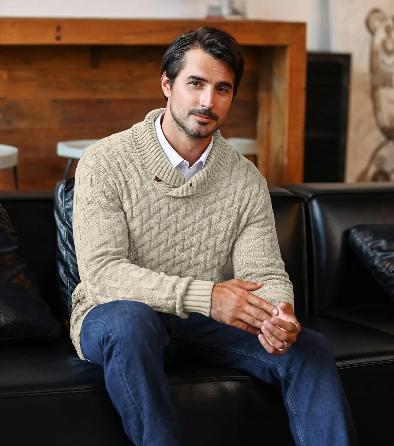Men's Shawl Collar Pullover Sweater Casual Cable Knit Button Sweaters Tops for Winter (S-5XL)